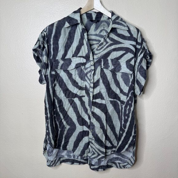 Massimo Dutti Shirt Women's Large Button Up Short Sleeve Zebra Print Linene - Picture 1 of 7